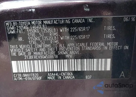 2016 Toyota Rav4 Le from USA, damaged, VIN 2T3BFREV9GW508618